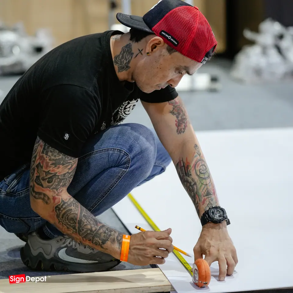 A Sign Depot installer measures a panel on the booth floor